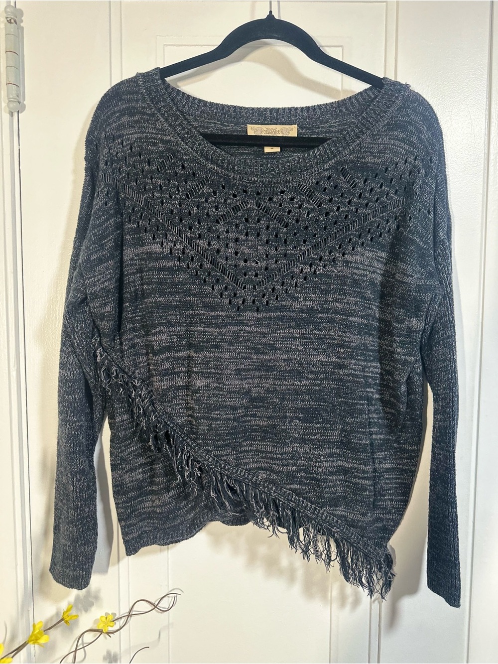 Vintage America Gray Openwork Fringe Pullover